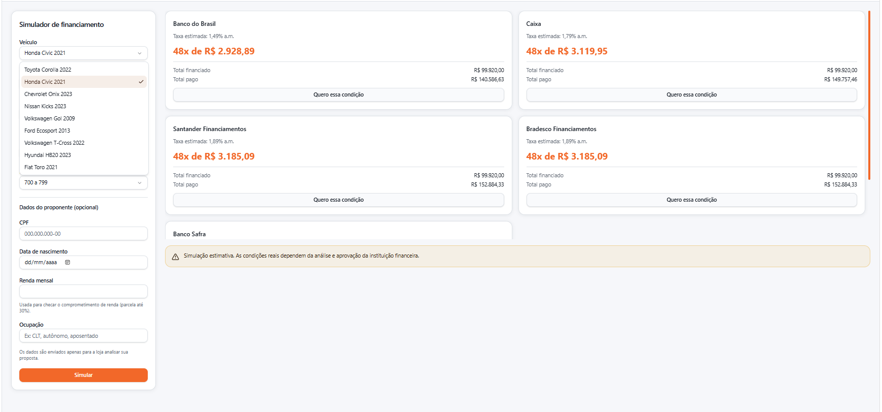 Dropdown do simulador listando todos os veículos disponíveis no estoque