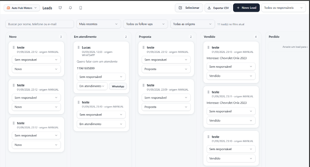 Funil de leads em Kanban do AutoHub